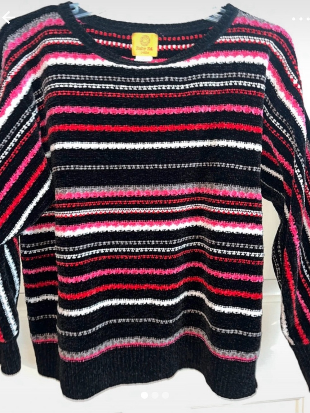 Ruby Rd. Striped Crewneck Sweater in Black, Pink & White
